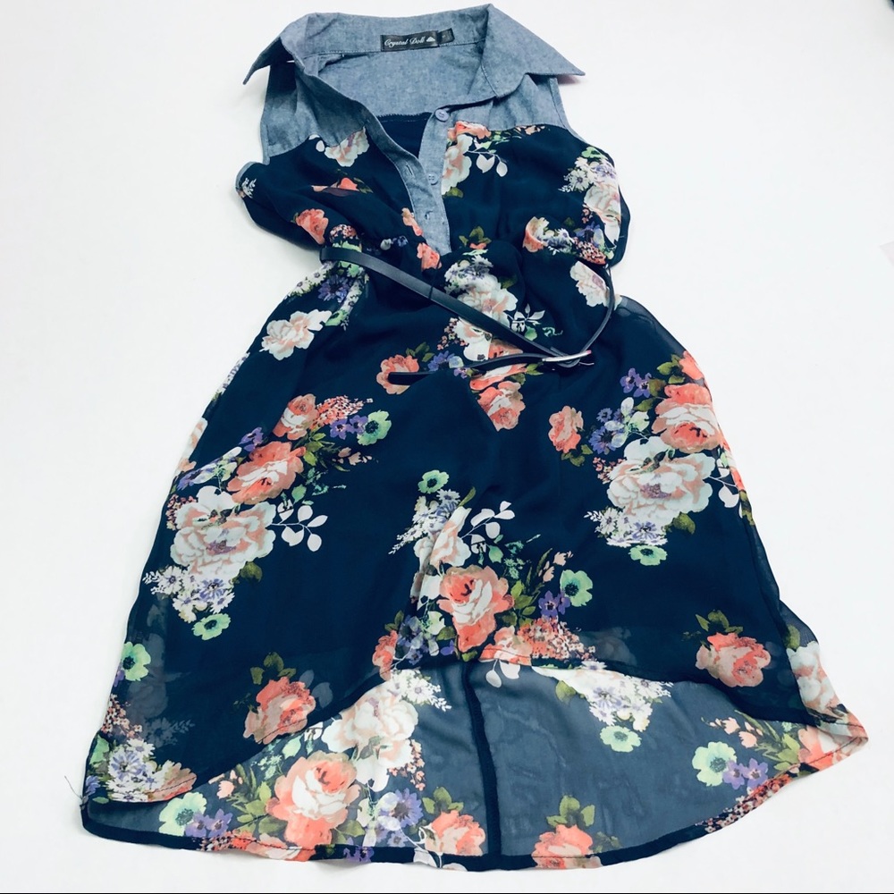 Crystal Doll Kid Girls Floral Navy Dress High-Low